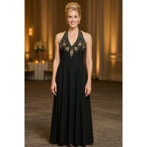 Niki by Niki Lavis Plus Size Black Halter with Floral Embroidery Gown - Size 22